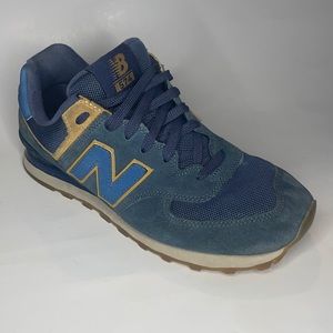 NEW BALANCE 574-MENS 8 1/2 NAVY BLUE AND TAN